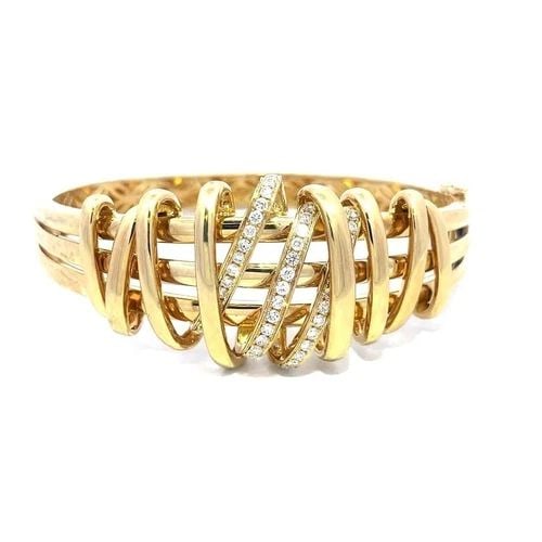 DIAMOND GOLD BRACELET 14K YELLOW RIBBON WRAP DESIGN HINGED BANGLE 3D (1 of 2)