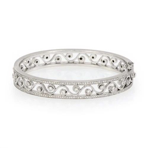 18K WHITE GOLD 1.00CT DIAMOND MILGRAIN SCROLL WIDE BANGLE BRACELET LIQUIDATION! (1 of 2)