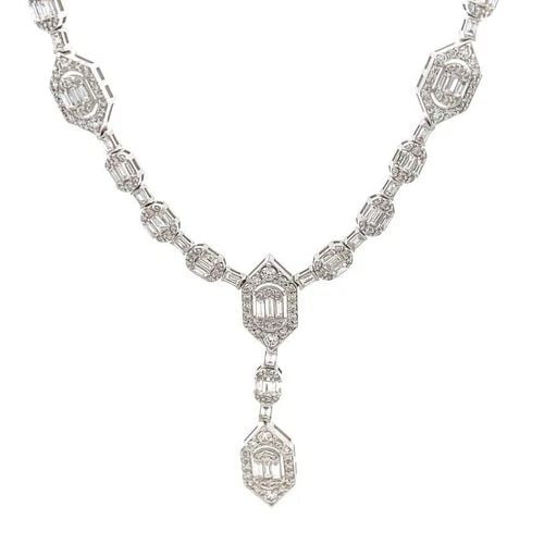 DIAMOND NECKLACE 14K WHITE GOLD BAGUETTE LARIAT NECKLACE NEW: DIAMOND NECKLACE 14K WHITE GOLD BAGUETTE LARIAT NECKLACE NEW The gorgeous NEW necklace is perfect for an evening attire. It is crafted from 14k white gold featuring a drop center lariat style with sma