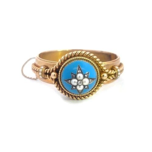 VICTORIAN DIAMOND ENAMEL GOLD BRACELET STARBURST DOME CENTER PEARLS: VICTORIAN DIAMOND ENAMEL GOLD BRACELET STARBURST DOME CENTER PEARLS This is a gorgeous Victorian Era bracelet, it is crafted with 16k and 18k yellow gold featuring a center blue enamel dome top with a