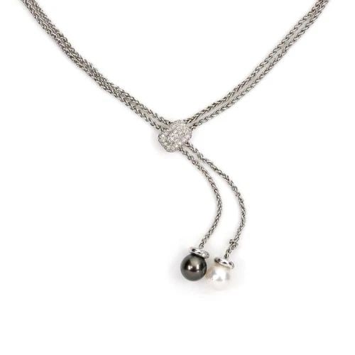 DIAMOND AND PEARLS NECKLACE 18K WHITE GOLD DOUBLE CHAIN LARIAT PENDANT: Diamond Pearls 18k White Gold Double Chain Lariat Pendant Description This beautiful double chain lariat style necklace is crafted from 18k white gold. The center pendant also serves as the clasp to a