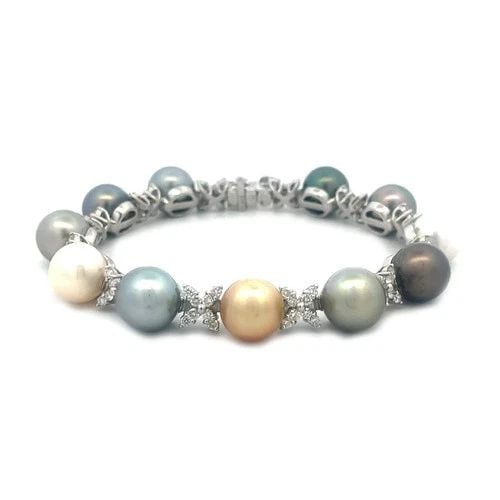 DIAMOND GOLD BRACELET 18K WHITE MULTICOLOR SOUTH SEA PEARLS X LINK STYLE (1 of 2)