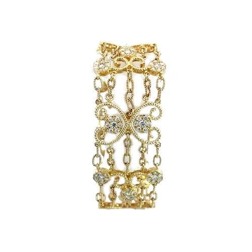 DIAMOND GOLD CHAIN LINK BRACELET 14K YELLOW SCROLL HEARTS &ROSETTES MOTIFS: DIAMOND GOLD CHAIN LINK BRACELET 14K YELLOW SCROLL HEARTS &ROSETTES MOTIFS This lovely bracelet is a stunning piece of fine jewelry made from 14k yellow gold. It features a beautiful design with scrol