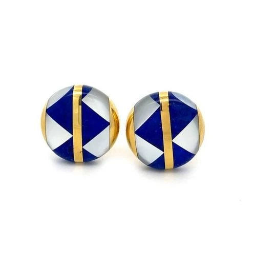 TIFFANY & CO. LAPIS MOP EARRINGS 18K YELLOW GOLD BUTTON SHAPE INLAID: TIFFANY & CO. LAPIS MOP EARRINGS 18K YELLOW GOLD BUTTON SHAPE INLAID This elegant pair of earrings are from Tiffany & Co. They are crafted from 18k yellow gold featuring an 18mm round button shape wit