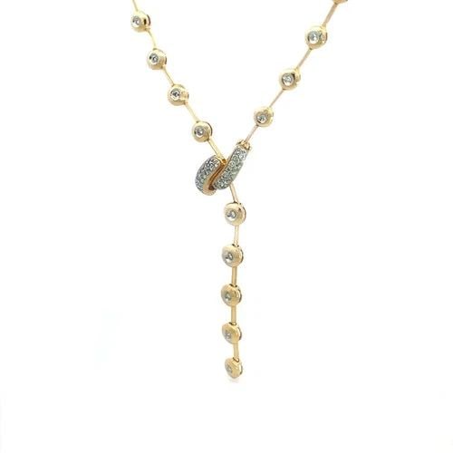DIAMOND GOLD NECKLACE 12-13KT YELLOW BEZEL SET LONG LARIAT STYLE: DIAMOND GOLD NECKLACE 12-13KT YELLOW BEZEL SET LONG LARIAT STYLE The lovely diamond necklace features a stunning double bar pave diamond clasp in lariat pendant with a the end of the chain dangling be