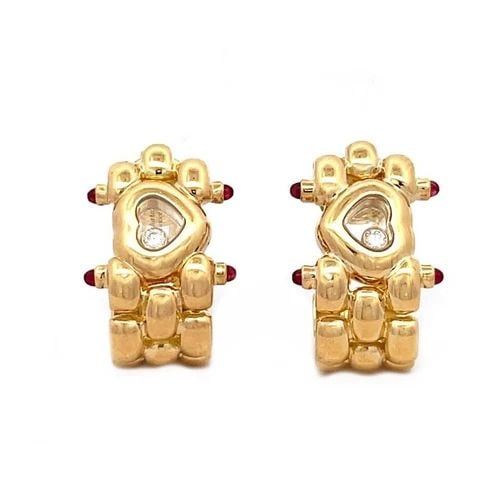 CHOPARD HAPPY DIAMOND EARRINGS 18K GOLD & GEMS HUGGIE HALF HOOP: CHOPARD HAPPY DIAMOND EARRINGS 18K GOLD & GEMS HUGGIE HALF HOOP This is an authentic pair of earrings by Chopard from the Happy Diamond Collection. They are crafted from 18k yellow gold featuring an o