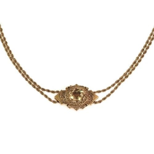 VICTORIAN 8.00CT CITRINE 14K GOLD PENDANT DOUBLE CHAIN NECKLACE LIQUIDATION!: VICTORIAN 8.00CT CITRINE 14K GOLD PENDANT DOUBLE CHAIN NECKLACE ! Victorian 8.00ct Citrine 14k Gold Pendant Double Chain Necklace ! Description This lovely vintage pendant and chain is crafted from 14