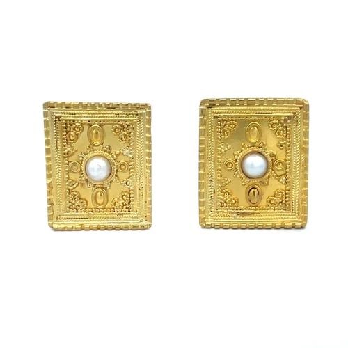ILIAS LALAOUNIS 22K GOLD EARRINGS YELLOW PEARL RECTANGLE ETRUSCAN HUGGIE: ILIAS LALAOUNIS 22K GOLD EARRINGS YELLOW PEARL RECTANGLE ETRUSCAN HUGGIE This eye-catching vintage pair of authentic earrings are by designer Ilias Lalaouns, they are crafted from 22k yellow gold feat