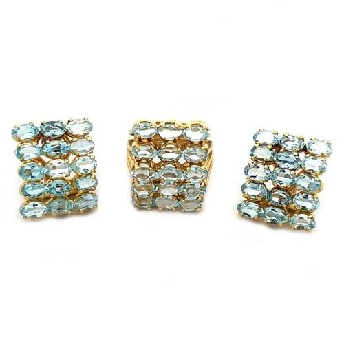 AQUAMARINE 18K GOLD EARRINGS RING SET YELLOW 5 ROW OVAL SET DESIGN: AQUAMARINE 18K GOLD EARRINGS RING SET YELLOW 5 ROW OVAL SET DESIGN This gorgeous pair of earrings and ring set is crafted from 18k yellow gold. The set has 5 rows each with oval shape prong set stunni