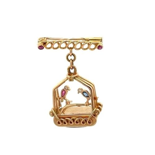 DIAMOND & GEMS 18K ROSE GOLD BIRD CAGE DANGLE WATCH FOB BROOCH (1 of 2)