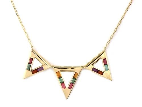 VINTAGE MULTICOLOR GEMS 18K YELLOW GOLD TRIANGLE PENDANT NECKLACE LIQUIDATION!: VINTAGE MULTICOLOR GEMS 18K YELLOW GOLD TRIANGLE PENDANT NECKLACE ! Vintage Multicolor Gems 18k Yellow Gold Triangle Pendant Necklace ! Description This lovely pendant and chain is crafted from 18k ye