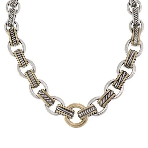 DAVID YURMAN NECKLACE 925 SILVER 18K GOLD CABLE STYLE RING LINK: DAVID YURMAN NECKLACE 925 SILVER 18K GOLD CABLE STYLE RING LINK David Yurman 925 Silver 18k Gold Cable Style Ring Link Necklace Description This is an authentic hefty collar necklace from David Yurman