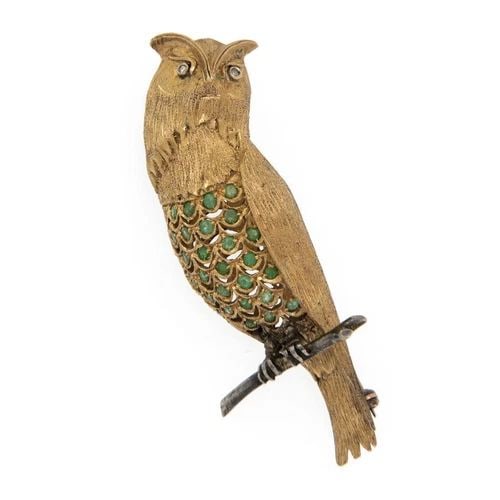 OWL BROOCH VINTAGE 18K YELLOW DARKENED GOLD EMERALD DIAMOND (1 of 2)