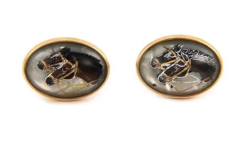 KREMENTZ VINTAGE REVERSED CRYSTAL 14K GOLD OVAL HORSES CUFFLINKS LIQUIDATION (1 of 2)