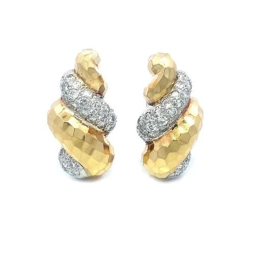 GOLD NATURAL DIAMOND SHELL EARRINGS 14K TWO TONE HAMMERED STYLE CLIP ON: GOLD NATURAL DIAMOND SHELL EARRINGS 14K TWO TONE HAMMERED STYLE CLIP ON These lovely huggie style earrings are 14k yellow and white gold with diamonds. They are a stunning pair of fine jewelry featuri