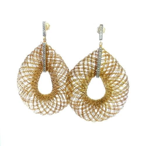 DIAMOND GOLD MESH EARRINGS 18K YELLOW LARGE TEARDROP DANGLE STYLE: DIAMOND GOLD MESH EARRINGS 18K YELLOW LARGE TEARDROP DANGLE STYLE This eye-catching pair of large dangle earrings are crafted from 18k yellow gold featuring large thin teardrop shape with shiny gold i