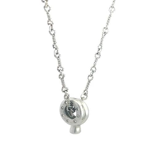 DIAMOND GOLD NECKLACE 18K WHITE 2 ENHANCER TWIST LINK CHAIN: This lovely gold necklace is a piece of fine jewelry featuring 2 circle and key link enhancers with diamonds set in 18k white gold. This necklace necklace has a twist wire link chain design with a lob