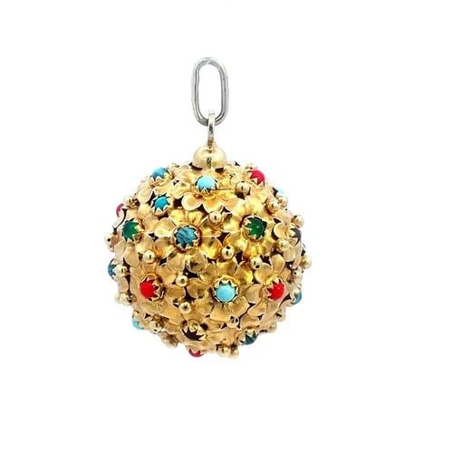 GOLD FLORAL BALL PENDANT 18K YELLOW GEMSTONE CLUSTER VINTAGE SPUTNIK STYLE (1 of 2)