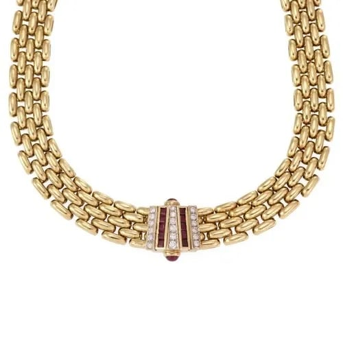 FABULOUS 4.00CT DIAMOND NECKLACE RUBY 18K YELLOW GOLD 5 ROW OVAL LINK COLLAR: FABULOUS 4.00CT DIAMOND NECKLACE RUBY 18K YELLOW GOLD 5 ROW OVAL LINK COLLAR Fabulous 4.00ct Diamond Ruby 18k Yellow Gold 5 Row Oval Link Collar Necklace Description This is a stunning collar necklace