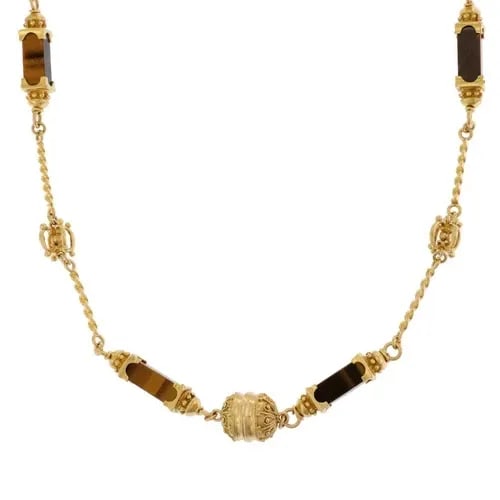LONG 18K YELLOW GOLD TIGER'S EYE SQUARE COLUMN MOTIFS FANCY LONG NECKLACE (1 of 2)