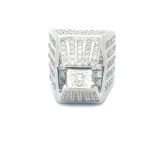 DIAMONDS 9CT GOLD RING ICED OUT 14K WHITE ELEVATED BRIDGE TOP STYLE: DIAMONDS 9CT GOLD RING ICED OUT 14K WHITE ELEVATED BRIDGE TOP STYLE The product is a stunning large diamond gold ring with an iced out set style featuring an elevated bridge at the top with a large ra