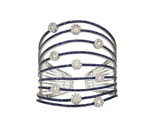 LARGE 14.10CT DIAMOND BLUE SAPPHIRE 18K GOLD FLORAL 9 BAND CUFF BRACELET: LARGE 14.10CT DIAMOND BLUE SAPPHIRE 18K GOLD FLORAL 9 BAND CUFF BRACELET Large 14.10ct Diamond Blue Sapphire 18k Gold Floral 9 Band Cuff Bracelet Description This is a large eye catching fashionable c
