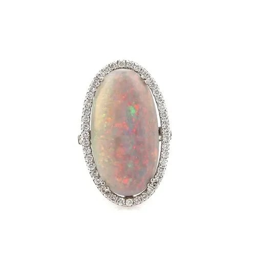 DIAMOND OPAL GOLD RING 18KT WHITE LARGE OVAL HALO TOP ESTATE (1 of 2)