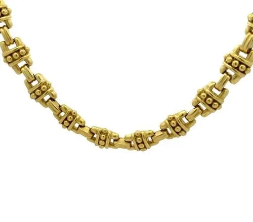 JUDITH RIPKA 18K NECKLACE YELLOW GOLD HEFTY "H" LINK 12MM WIDE COLLAR 99GR: JUDITH RIPKA 18K NECKLACE YELLOW GOLD HEFTY "H" LINK 12MM WIDE COLLAR 99GR This lovely authentic necklace is by Judith Ripka, it is crafted from 18k yellow gold featuring a full length with an H link 