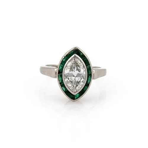 VINTAGE ART DECO 1.95CT DIAMOND & EMERALD PLATINUM MARQUISE RING SIZE 5: VINTAGE ART DECO 1.95CT DIAMOND & EMERALD PLATINUM MARQUISE RING SIZE 5 Vintage Art Deco 1.95ct Diamond & Emerald Platinum Marquise Ring Size 5 Description This vintage Art Deco ring is crafted from p