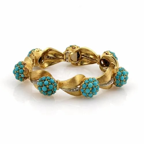 SPRITZER & FUHRMANN TURQUOISE GOLD BRACELET DIAMONDS 18K YELLOW FLORAL: SPRITZER & FUHRMANN TURQUOISE GOLD BRACELET DIAMONDS 18K YELLOW FLORAL The Spritzer & Fuhrmann gold bracelet features a beautiful combination of natural white diamonds set in 18k yellow gold with the 