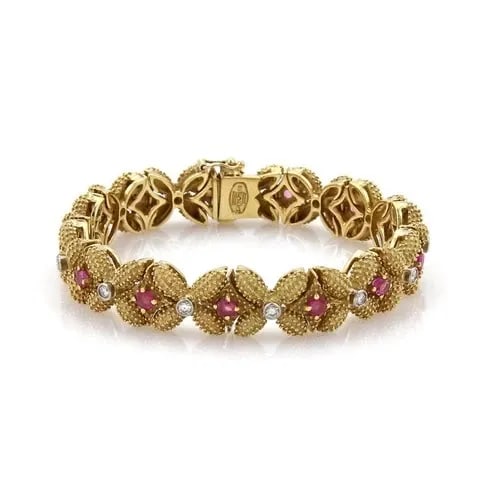 DIAMOND GOLD BRACELET 18KT BEADED GEMSTONE FLORAL LINK LA TRIOMPHE (1 of 2)