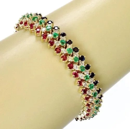 DIAMOND & GEMS BRACELET 18K YELLOW GOLD 12MM WIDE FLEX LINK: DIAMOND & GEMS BRACELET 18K YELLOW GOLD 12MM WIDE FLEX LINK Estate Diamond & Gems 18k Yellow Gold 12mm Wide Flex Link Bracelet Description This is a stunning wide flex bracelet, it is crafted from 18k