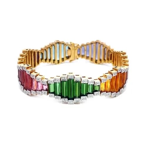 BELLARRI GOLD RAINBOW BRACELET DIAMOND & GEMS 18K TWO-TONE GEOMETRIC LINKS: BELLARRI GOLD RAINBOW BRACELET DIAMOND & GEMS 18K TWO-TONE GEOMETRIC LINKS This gorgeous bracelet is by Bellarri, it features 18k yellow gold accented with white gold, decorated with diamond and multi