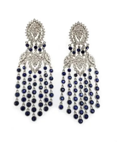 ESTATE DIAMOND SAPPHIRE 18K WHITE GOLD CHANDELIER EARRINGS (1 of 2)