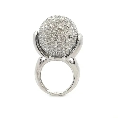 DIAMOND RING 20MM SPINNER BALL 18K WHITE GOLD RING SIZE 6.25: The product is an 18k white gold ring with a unique 20 mm spinner ball design featuring round cut diamonds . The ring is size 6.25 and has a pavé setting style, making it a stunning and elegant piece