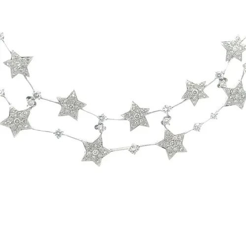 DIAMOND GOLD STAR NECKLACE 4.58CT DOUBLE ROW 18K WHITE COLLAR STYLE: DIAMOND GOLD STAR NECKLACE 4.58CT DOUBLE ROW 18K WHITE COLLAR STYLE This is a chic eye-catching 18k white gold double row collar necklace. The double strands are layered and the front center has alter