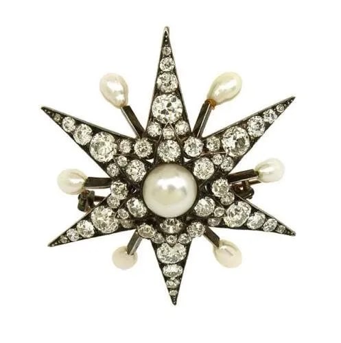 DIAMONDS & PEARLS STAR BROOCH PENDANT ANTIQUE IN 14K GOLD: DIAMONDS & PEARLS STAR BROOCH PENDANT ANTIQUE IN 14K GOLD The Diamonds & Pearls Star Brooch Pendant Antique in 14k Gold is a stunning piece of fine jewelry that exudes elegance and sophistication. The