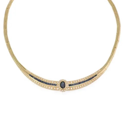 ESTATE 6.25CT DIAMOND & SAPPHIRE 18K YELLOW GOLD COLLAR NECKLACE: ESTATE 6.25CT DIAMOND & SAPPHIRE 18K YELLOW GOLD COLLAR NECKLACE Estate 6.25ct Diamond & Sapphire 18k Yellow Gold Collar Necklace Description This is a gorgeous Estate necklace, it is crafted from 18k