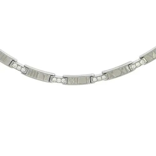 70493 TIFFANY & CO. DIAMOND GOLD ATLAS NECKLACE 18K WHITE ROMAN NUMERAL COLLAR: 70493 TIFFANY & CO. DIAMOND GOLD ATLAS NECKLACE 18K WHITE ROMAN NUMERAL COLLAR This gorgeous authentic necklace is by Tiffany & Co. from the Atlas Collection. Crafted from18k white gold featuring a st