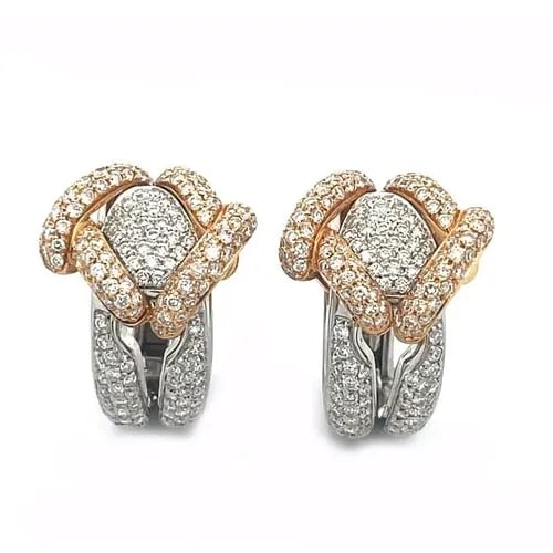 ADREOLI DIAMOND GOLD EARRINGS 3.30CT 18K TWO TONE FANCY HUGGIE STYLE 3499AL: ADREOLI DIAMOND GOLD EARRINGS 3.30CT 18K TWO TONE FANCY HUGGIE STYLE 3499AL Andreoli Italian Jewelry show the bold, innovative and uniquely colorful jewelry with American identity and Italian heritage