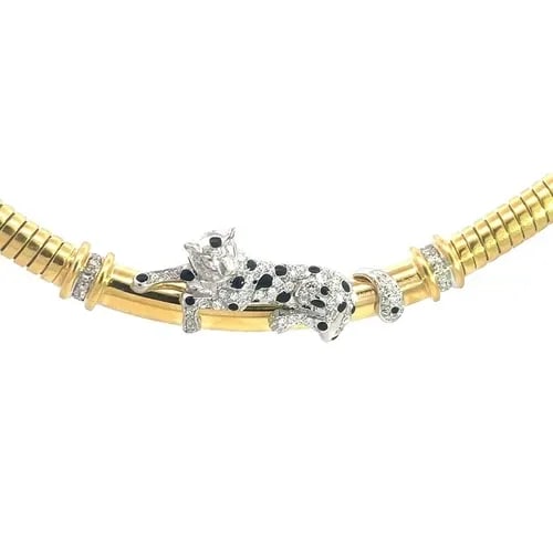ROBERTO LEGNAZZI PANTHER NECKLACE 18K GOLD DIAMOND ENAMEL 3D 1932AL: ROBERTO LEGNAZZI PANTHER NECKLACE 18K GOLD DIAMOND ENAMEL 3D 1932AL This is a magnificent collar necklace by Roberto Legnazzi Italy; it is crated from 18k yellow and white gold with some 16k gold. The