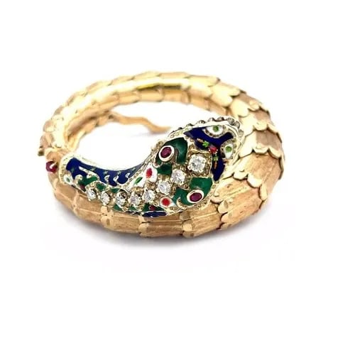 DIAMOND SNAKE BRACELET ENAMEL 14K YELLOW GOLD WRAP BAND FOR SMALL WRIST: DIAMOND SNAKE BRACELET ENAMEL 14K YELLOW GOLD WRAP BAND FOR SMALL WRIST This vintage snake wrap bracelet is crafted from 14k yellow gold featuring a large snake head with blue, white and green enamel,