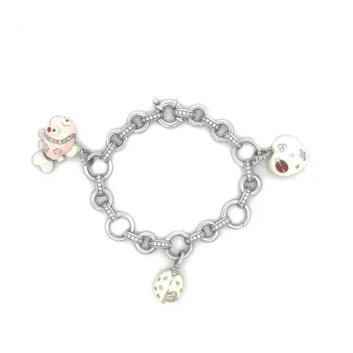 AARON BASHA DIAMOND GOLD BRACELET ENAMEL 18K WHITE 3 DANGLE CHARMS: AARON BASHA DIAMOND GOLD BRACELET ENAMEL 18K WHITE 3 DANGLE CHARMS Authentic and adorable from designer Aaron Basha, this charming diamond and gold bracelet is a piece that embodies luxury and eleganc