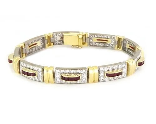 DIAMOND RUBY BRACELET 18K GOLD RECTANGLE BAR SECTION LINKS: DIAMOND RUBY BRACELET 18K GOLD RECTANGLE BAR SECTION LINKS This eye-catching bracelet is crafted from 18k white and yellow gold featuring long rectangle white gold links fully decorated with pave set 