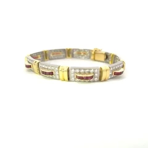 DIAMOND RUBY BRACELET 18K GOLD RECTANGLE BAR SECTION LINKS - 2
