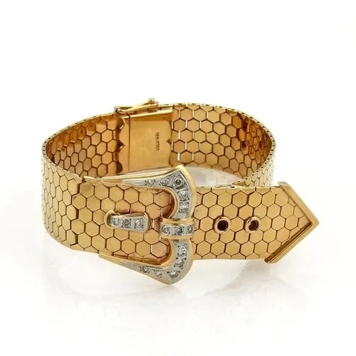 DIAMOND GOLD BELT BUCKLE BRACELET 18K YELLOW WIDE HEXAGON LINKS: DIAMOND GOLD BELT BUCKLE BRACELET 18K YELLOW WIDE HEXAGON LINKS This is a stunning vintage belt and buckle bracelet, it is crafted from 18k yellow gold with white gold accent, the 17mm wide belt brace