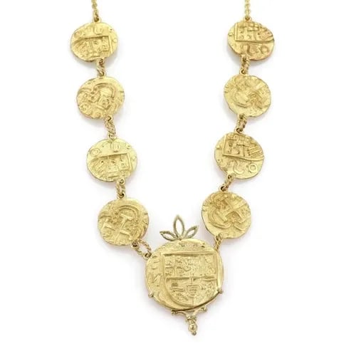 18K BYZANTINE STYLE CHAIN NECKLACE YELLOW GOLD FANCY CARVED 9 COINS: 18K BYZANTINE STYLE CHAIN NECKLACE YELLOW GOLD FANCY CARVED 9 COINS Vintage 18k Yellow Gold Fancy Carved 9 Coins Byzantine Style Chain Necklace Description This lovely vintage necklace is crafted from