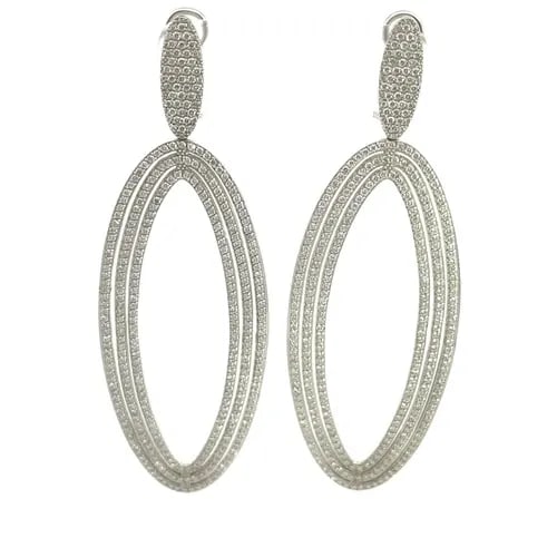 NATURAL 4CT DIAMONDS 18K WHITE GOLD LONG OVAL LONG DANGLE EARRINGS: NATURAL 4CT DIAMONDS 18K WHITE GOLD LONG OVAL LONG DANGLE EARRINGS This is a chic fashionable long dangle earrings, they are crafted from 18k white gold featuring triple rows long oval frame dangle be