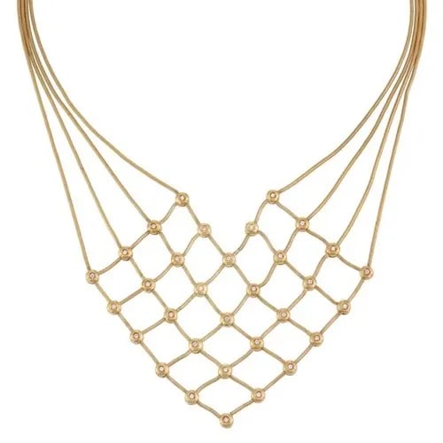 ESTATE DIAMONDS 18K YELLOW GOLD WEB BIB 4 SNAKE CHAIN NECKLACE: ESTATE DIAMONDS 18K YELLOW GOLD WEB BIB 4 SNAKE CHAIN NECKLACE Estate Diamonds 18k Yellow Gold Web Bib 4 Snake Chain Necklace Description This gorgeous Estate necklace is crafted from 18k yellow gold 
