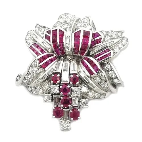 RUBY DIAMOND PLATINUM BROOCH 3.40CT FLORAL STYLE FRANCE (1 of 2)